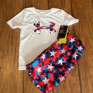 Under Amour swim trunks and rash guard